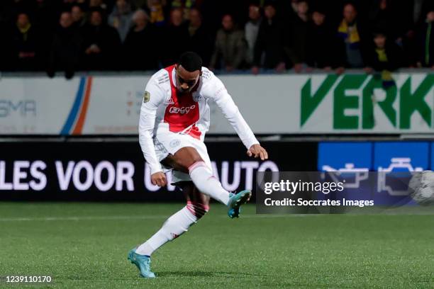 Ryan Gravenberch of Ajax scores 2-3 during the Dutch Eredivisie match between SC Cambuur v Ajax at the Cambuur Stadium on March 11, 2022 in...