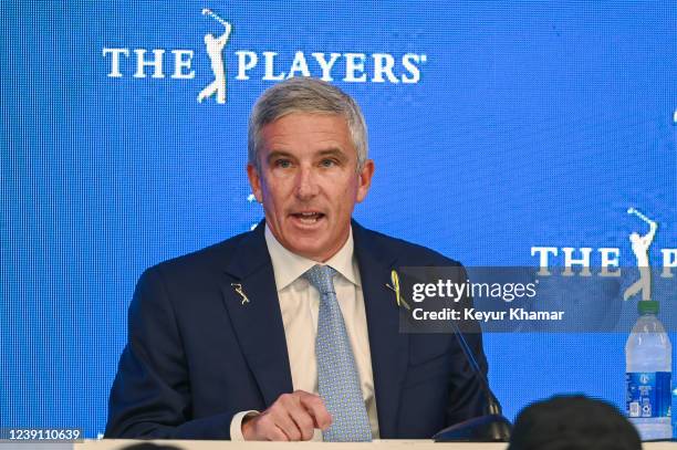 Jay Monahan, Commissioner of the PGA TOUR, speaks at a press conference during practice for THE PLAYERS Championship on the Stadium Course at TPC...