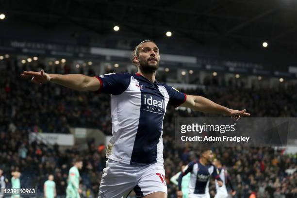 Andy Carroll of West Bromwich Albion celebrates after scoring a goal to make it 2-2 during the Sky Bet Championship match between West Bromwich...