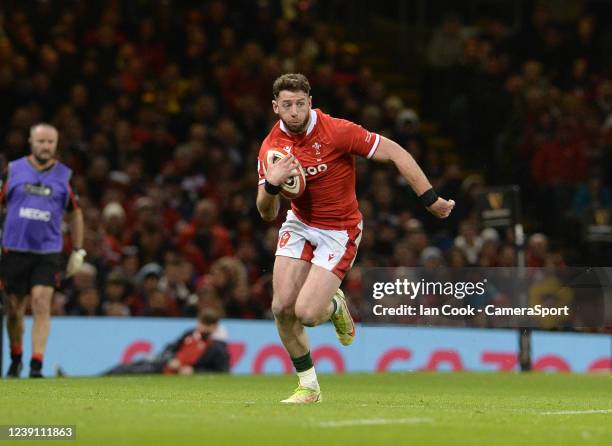 Wales Alex Cuthbert in action during the Guinness Six Nations Rugby match between Wales and France at Principality Stadium on March 11, 2022 in...