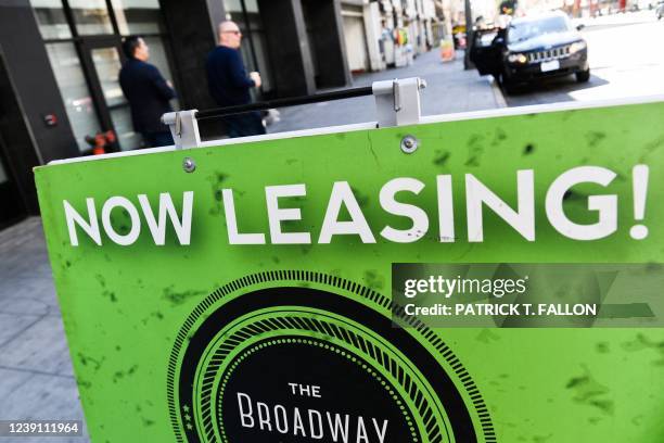 Now leasing' sign is displayed outside of an apartment building on March 11, 2022 in downtown Los Angeles, California. - US consumer prices hit a new...