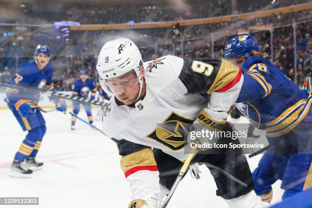 Vegas Golden Knights center Jack Eichel skates along the glass during the first period of an NHL hockey game between the Buffalo Sabres and the Las...