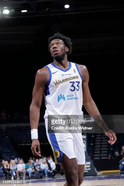 James Wiseman of the Santa Cruz Warriors looks on during the game against the Stockton Kings at Stockton Arena on March 10, 2022 in Stockton,...