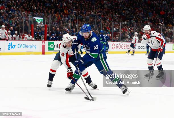 Bo Horvat of the Vancouver Canucks takes a shot during their NHL game against the Washington Capitals at Rogers Arena March 11, 2022 in Vancouver,...