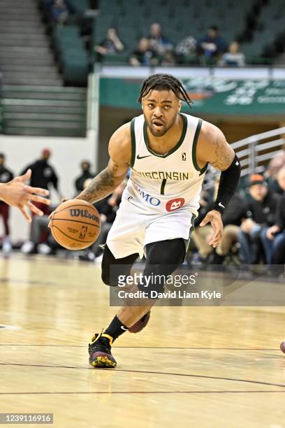 Frank Mason III of the Wisconsin Herd driving to the basket against the Cleveland Charge on March 11, 2022 in Cleveland, Ohio at the Wolstein Center....