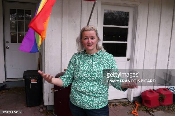 Rebekah Bryant, mother of Sunny Bryant speaks during an interview at her Houston, Texas, home on March 4, 2022. - Standing in front of a half-US,...