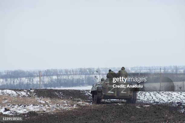 Pro-Russian separatists patrol with tanks in the pro-Russian separatists-controlled Donetsk, Ukraine on March 11, 2022. Troops patrolled the areas in...