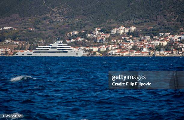 The superyacht, Solaris, owned by Roman Abramovich, arrives in the waters of Porto Montenegro on March 12, 2022 in Tivat, Montenegro. The yacht left...