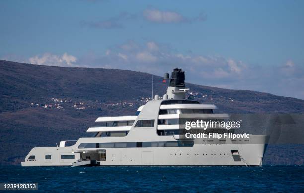 The superyacht, Solaris, owned by Roman Abramovich, arrives in the waters of Porto Montenegro on March 12, 2022 in Tivat, Montenegro. The yacht left...