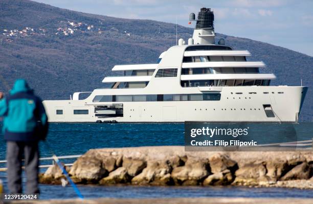 The superyacht, Solaris, owned by Roman Abramovich, arrives in the waters of Porto Montenegro on March 12, 2022 in Tivat, Montenegro. The yacht left...