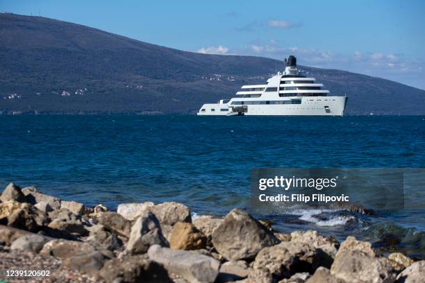 The superyacht, Solaris, owned by Roman Abramovich, arrives in the waters of Porto Montenegro on March 12, 2022 in Tivat, Montenegro. The yacht left...