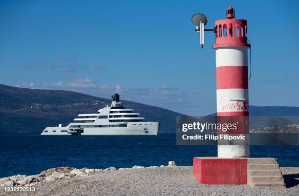 The superyacht, Solaris, owned by Roman Abramovich, arrives in the waters of Porto Montenegro on March 12, 2022 in Tivat, Montenegro. The yacht left...