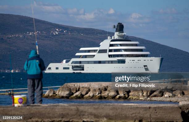 The superyacht, Solaris, owned by Roman Abramovich, arrives in the waters of Porto Montenegro on March 12, 2022 in Tivat, Montenegro. The yacht left...