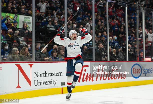 Washington Capitals center Evgeny Kuznetsov celebrates after scoring a goal against the Vancouver Canucks during their NHL game at Rogers Arena on...