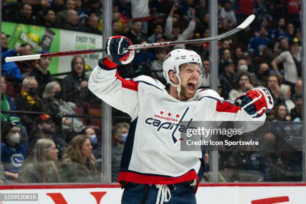 Washington Capitals center Evgeny Kuznetsov celebrates after scoring a goal against the Vancouver Canucks during their NHL game at Rogers Arena on...