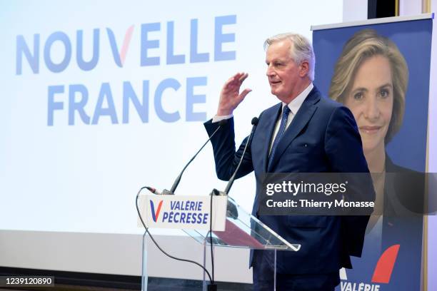 Former head of the UK Task Force Michel Barnier delivers a speech during a public meeting in support of the 'The Republicans' candidate for the 2022...