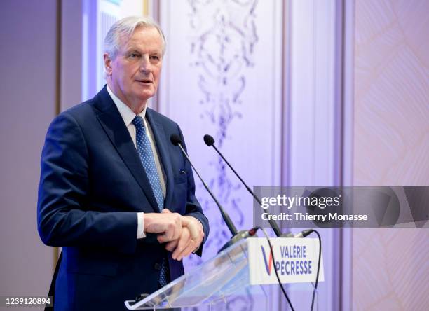 Former head of the UK Task Force Michel Barnier delivers a speech during a public meeting in support of the 'The Republicans' candidate for the 2022...