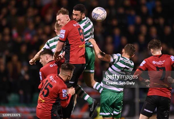 Dublin , Ireland - 11 March 2022; Ciarán Kelly of Bohemians in action against Roberto Lopes of Shamrock Rovers during the SSE Airtricity League...