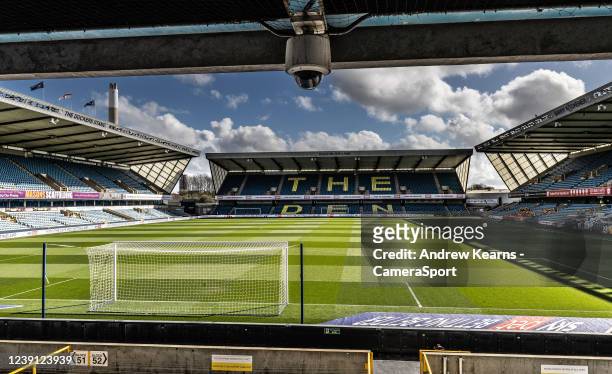 General view of The Den stadium during the Sky Bet Championship match between Millwall and Middlesbrough at The Den on March 12, 2022 in London,...
