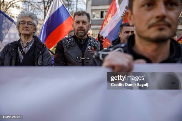 Goran Tadic , the leader of Bosnian Serbs branch of Night Wolves join other nationalist groups attending a pro-Russia rally on March 12, 2022 in...