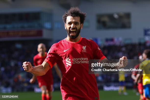March 2022, Brighton - Premier League Football - Brighton & Hove Albion v Liverpool - Mohamed Salah of Liverpool celebrates scoring their 2nd goal...