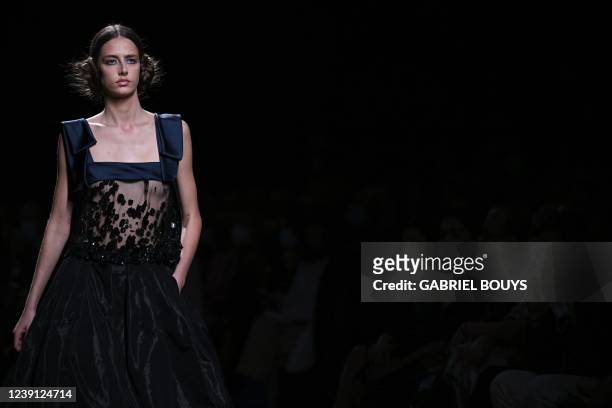 Model presents a creation by Spanish brand Fely Campo during the 2022-2023 Fall/Winter collection fashion show at the Mercedes Benz Fashion Week in...