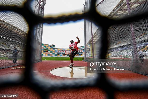 Will Dibo of Austria competes at the mens discus throw U-23 competition during the European Throwing Cup on March 12, 2022 in Leiria, Portugal.