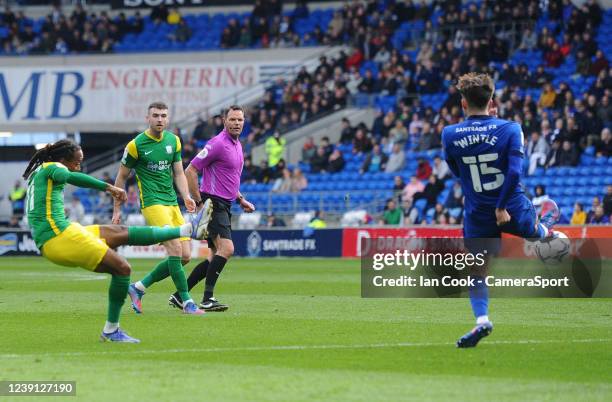 Preston North End's Daniel Johnson has a shot at goal during the Sky Bet Championship match between Cardiff City and Preston North End at Cardiff...