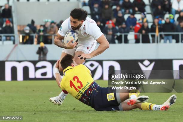Nicolas Onutu of Romania tries to recover the ball during the 2022 Rugby Europe Championship match between Romania and Georgia at Arc de Triumf...