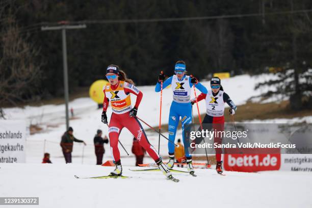 Gyda Westvold Hansen of Norway competes, Haruka Kasai of Japan competes, Annika Sieff of Italy competes, during the Individual Gundersen HS100/5km at...