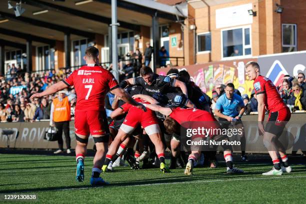 Sean Robinson of Newcastle Falcons leads a driving maul for the Sarries line during the Gallagher Premiership match between Newcastle Falcons and...