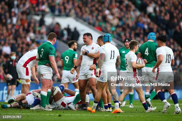 Ellis Genge of England celebrates his side winning a scrum penalty during the Six Nations Rugby match between England and Ireland at Twickenham...