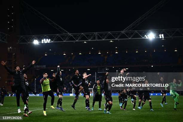 Juventus players acknowledge the public at the end of the Italian Serie A football match between Sampdoria and Juventus on March 12, 2022 at the...