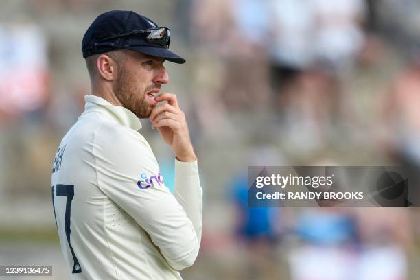 Jack Leach, of England, during the fifth and final day of the 1st Test between England and West Indies at Vivian Richards Cricket Stadium in North...