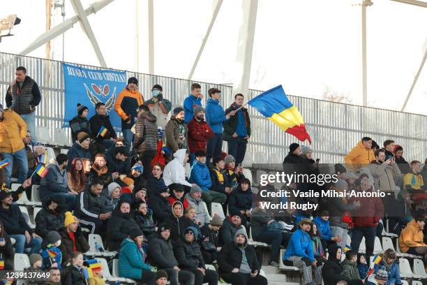 Romania fans in the stands during the 2022 Rugby Europe Championship match between Romania and Georgia at Arc de Triumf Stadium on March 12, 2022 in...