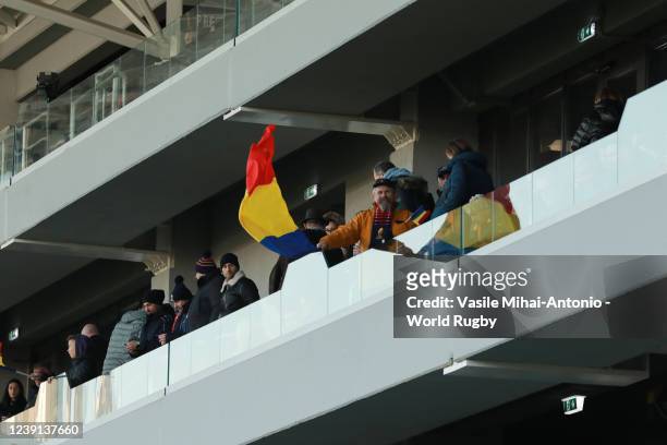 Romania fans in the stands during the 2022 Rugby Europe Championship match between Romania and Georgia at Arc de Triumf Stadium on March 12, 2022 in...