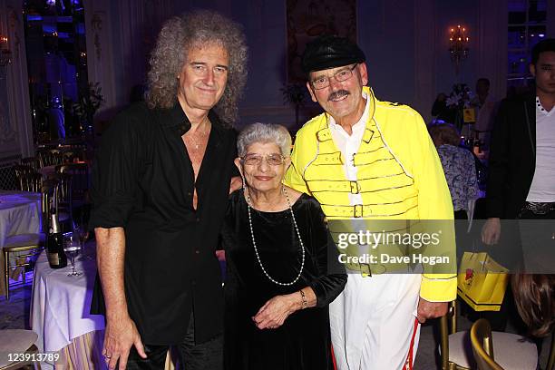 Brian May, Jer Bulsara and Jim Beach attend the Freddie For A Day 65th birthday anniversary party at The Savoy Hotel on September 5, 2011 in London,...