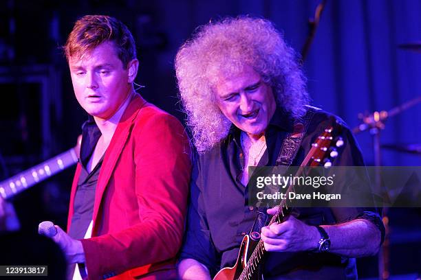 Tom Chaplin and Brian May perform onstage at the Freddie For A Day 65th birthday anniversary party at The Savoy Hotel on September 5, 2011 in London,...