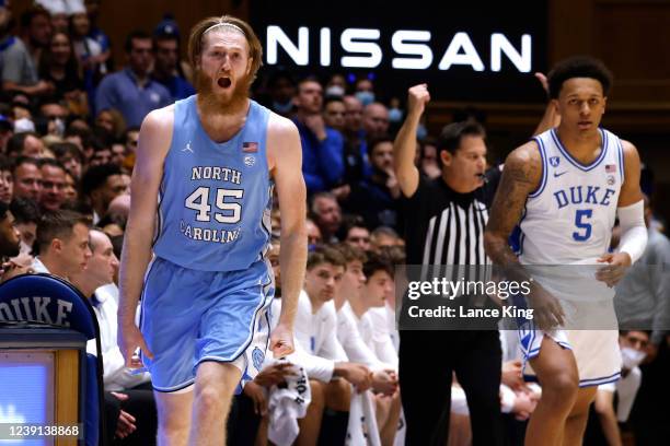 Brady Manek of the North Carolina Tar Heels reacts during their game against the Duke Blue Devils at Cameron Indoor Stadium on March 5, 2022 in...