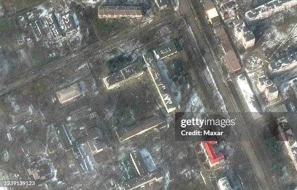 Maxar satellite imagery of Mariupol Hospital AFTER attack in Mariupol, Ukraine. 12march2022_wv2. Please use: Satellite image 2022 Maxar Technologies.