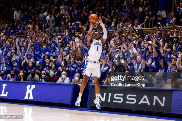 Trevor Keels of the Duke Blue Devils puts up a three-point shot against the North Carolina Tar Heels at Cameron Indoor Stadium on March 5, 2022 in...