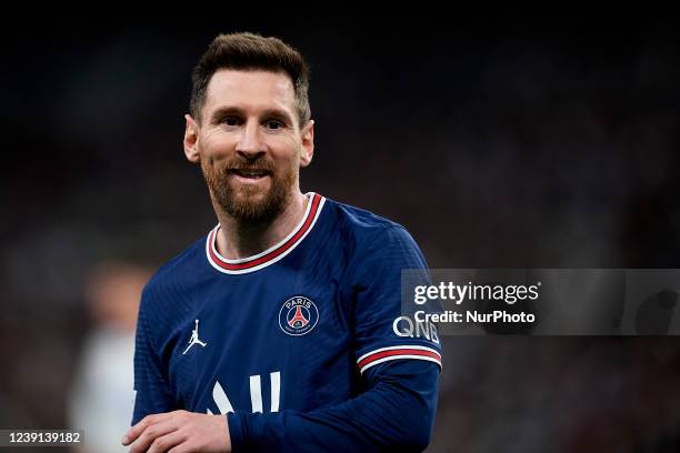 Leo Messi of PSG during the UEFA Champions League Round Of Sixteen Leg Two match between Real Madrid and Paris Saint-Germain at Estadio Santiago...