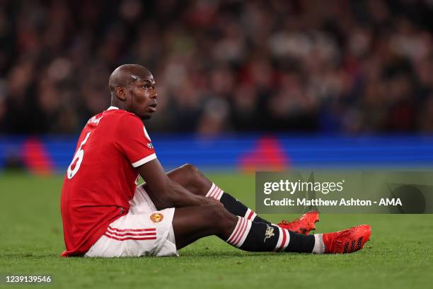 Paul Pogba of Manchester United during the Premier League match between Manchester United and Tottenham Hotspur at Old Trafford on March 12, 2022 in...