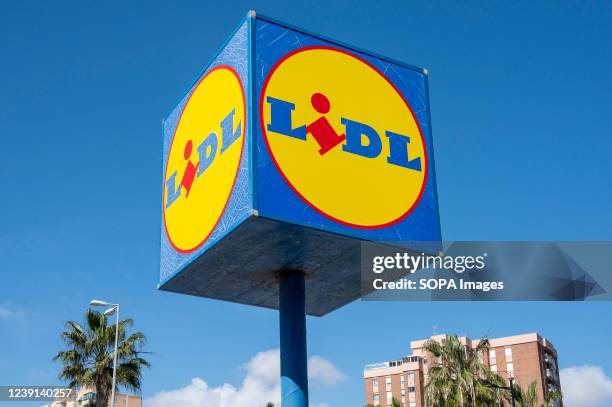 German international discount retail chain supermarket, Lidl, logo sign seen in Spain.