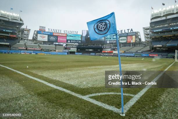 The corner flag with the NYCFC logo in front a snow covered pitch at Yankee Stadium before the match against the CF Montréal at Yankee Stadium on...