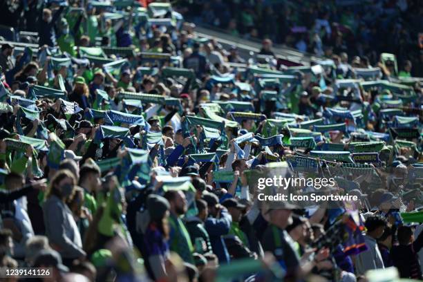 Fans show off their team scarves before an MLS game between the LA Galaxy and the Seattle Sounders on March 12, 2022 at Lumen Field in Seattle, WA.