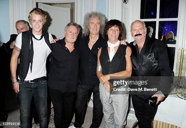 Rufus Taylor, Roger Taylor, Brian May, Jeff Beck and Spike Edney attend "Freddie For A Day", celebrating Freddie Mercury's 65th birthday, in aid of...