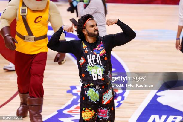 Ranveer Singh of Team Walton celebrates during Ruffles NBA All-Star Celebrity Game - Marketing on Friday, February 18, 2022 at the Wolstein Center in...