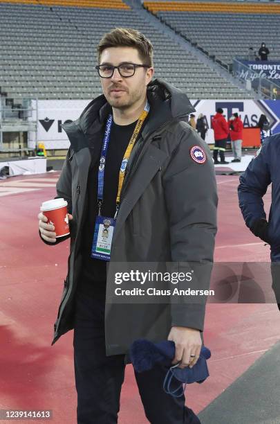 General Manager Kyle Dubas of the Toronto Maple Leafs heads to practice prior to a game against the Buffalo Sabres during the 2022 Tim Hortons NHL...