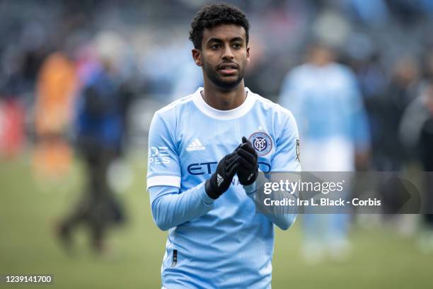 Gedion Zelalem of New York City FC claps to fans after the winning match against the CF Montréal at Yankee Stadium on March 12, 2022 in New York City.